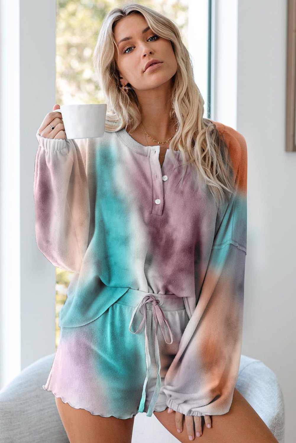 Multicolor Tie Dye Knit Long Sleeve Pajamas Set