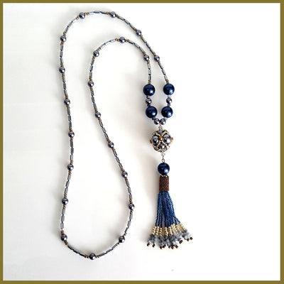 "NEW" Blue Beaded Tassel Hematite