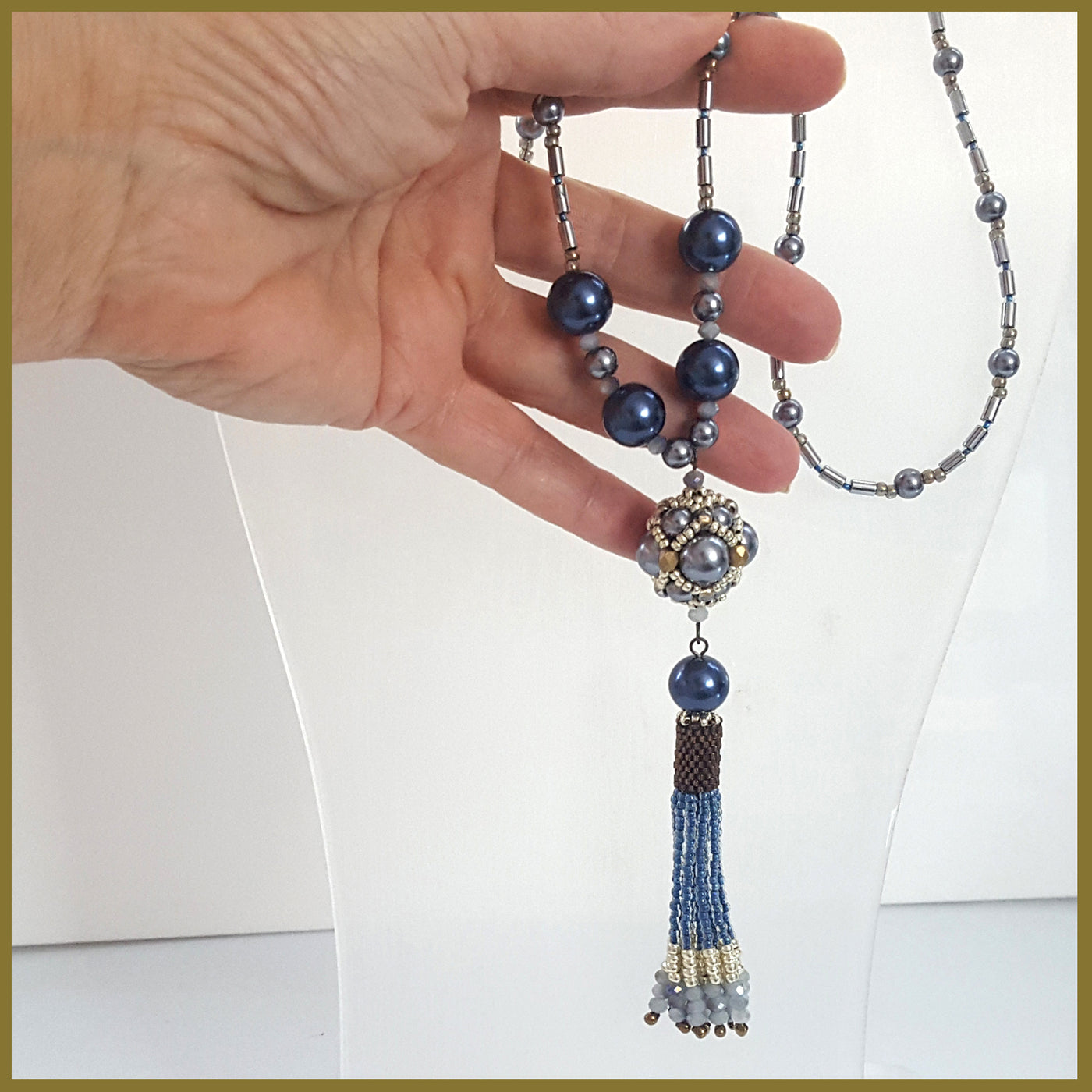 "NEW" Blue Beaded Tassel Hematite